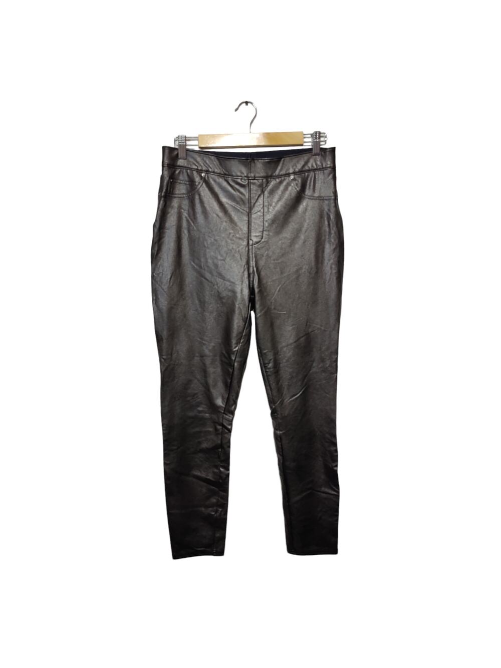 Spanx Women's Sz L Black Faux Leather Pants Pull On Stretch Compression Pockets